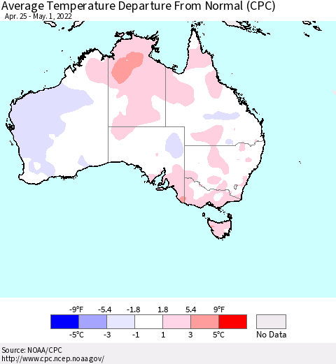 Australia Average Temperature Departure from Normal (CPC) Thematic Map For 4/25/2022 - 5/1/2022