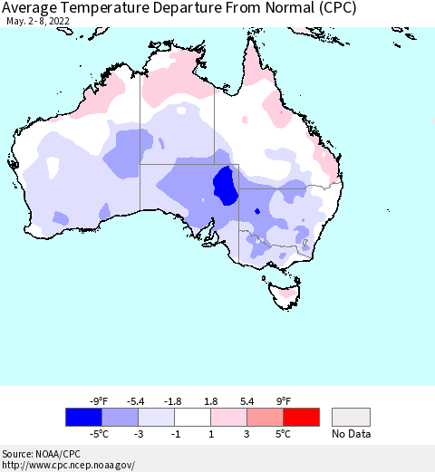 Australia Average Temperature Departure from Normal (CPC) Thematic Map For 5/2/2022 - 5/8/2022