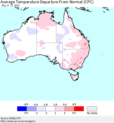 Australia Average Temperature Departure from Normal (CPC) Thematic Map For 5/9/2022 - 5/15/2022