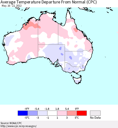 Australia Average Temperature Departure from Normal (CPC) Thematic Map For 5/16/2022 - 5/22/2022
