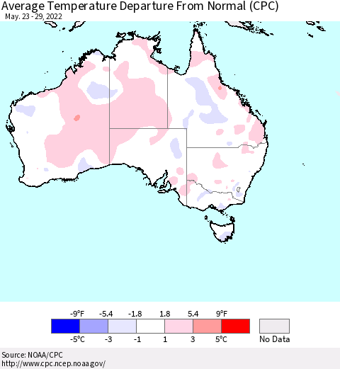Australia Average Temperature Departure from Normal (CPC) Thematic Map For 5/23/2022 - 5/29/2022