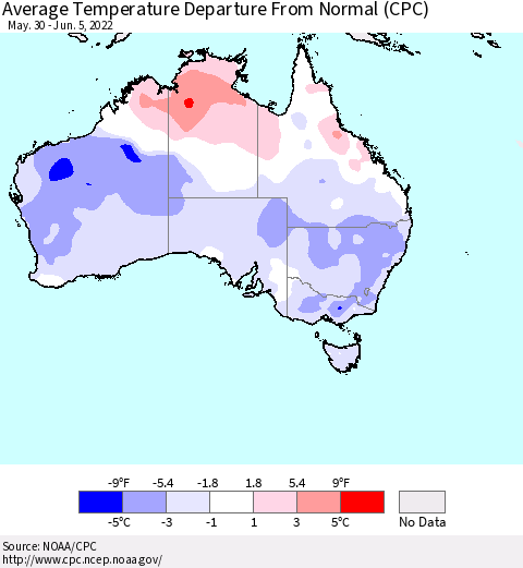 Australia Average Temperature Departure from Normal (CPC) Thematic Map For 5/30/2022 - 6/5/2022