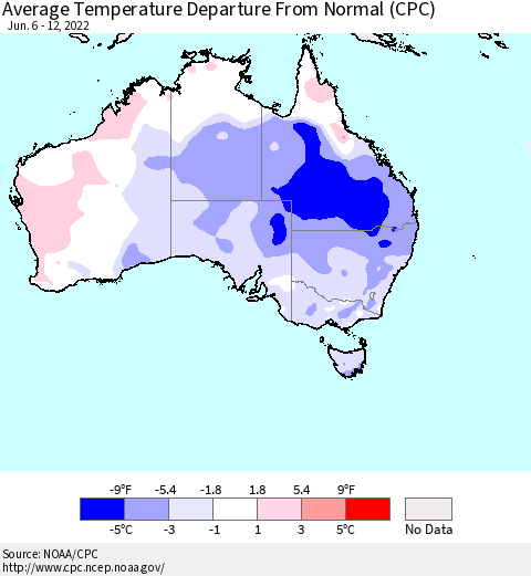 Australia Average Temperature Departure from Normal (CPC) Thematic Map For 6/6/2022 - 6/12/2022