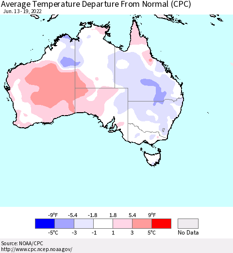 Australia Average Temperature Departure from Normal (CPC) Thematic Map For 6/13/2022 - 6/19/2022