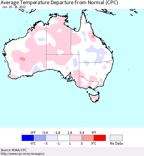 Australia Average Temperature Departure from Normal (CPC) Thematic Map For 6/20/2022 - 6/26/2022