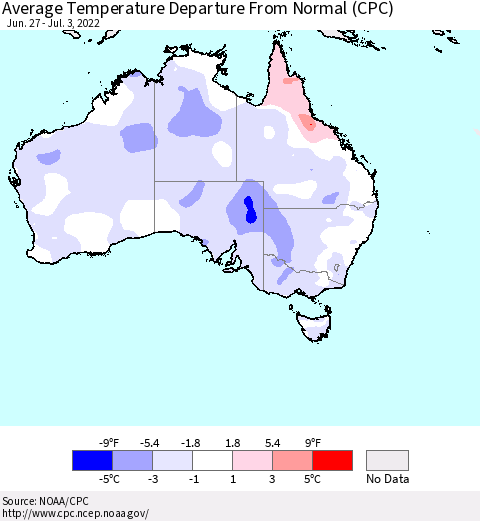 Australia Average Temperature Departure from Normal (CPC) Thematic Map For 6/27/2022 - 7/3/2022