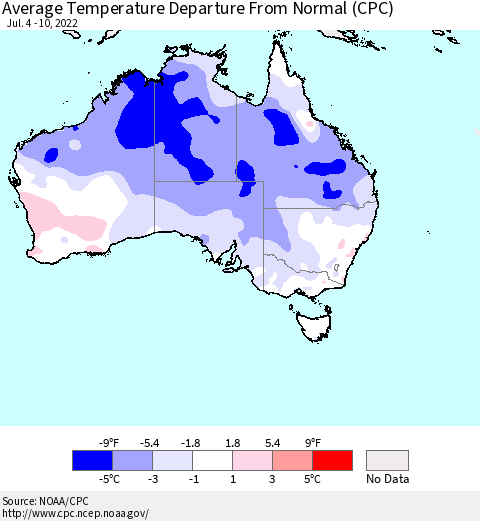 Australia Average Temperature Departure from Normal (CPC) Thematic Map For 7/4/2022 - 7/10/2022