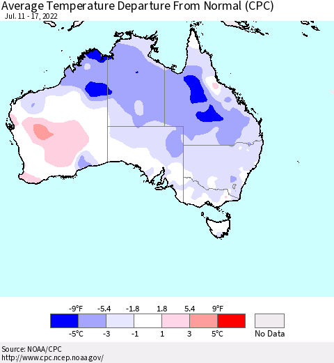 Australia Average Temperature Departure from Normal (CPC) Thematic Map For 7/11/2022 - 7/17/2022