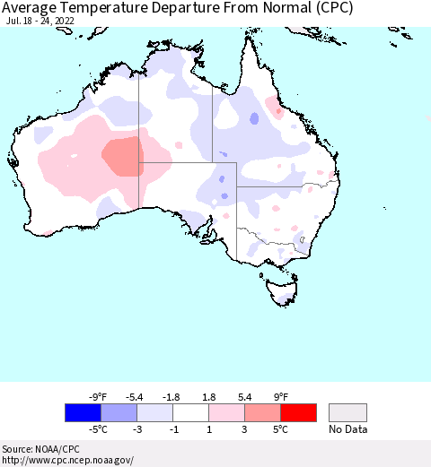 Australia Average Temperature Departure from Normal (CPC) Thematic Map For 7/18/2022 - 7/24/2022