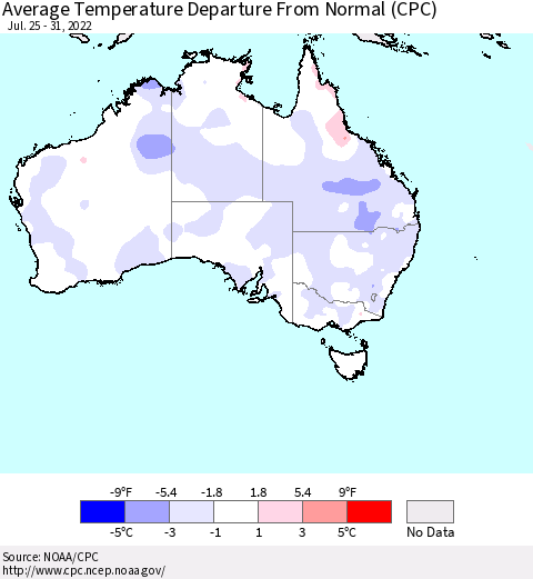 Australia Average Temperature Departure from Normal (CPC) Thematic Map For 7/25/2022 - 7/31/2022