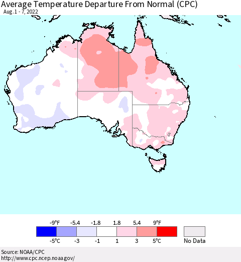 Australia Average Temperature Departure from Normal (CPC) Thematic Map For 8/1/2022 - 8/7/2022