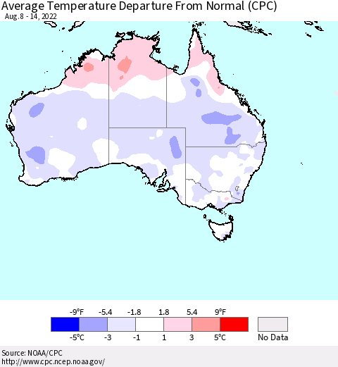Australia Average Temperature Departure from Normal (CPC) Thematic Map For 8/8/2022 - 8/14/2022