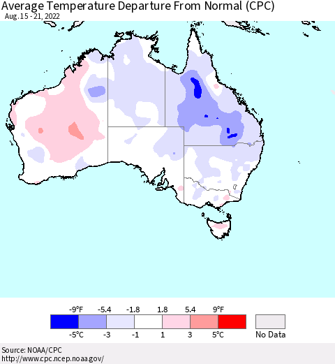 Australia Average Temperature Departure from Normal (CPC) Thematic Map For 8/15/2022 - 8/21/2022
