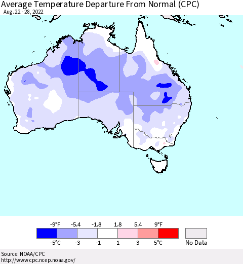 Australia Average Temperature Departure from Normal (CPC) Thematic Map For 8/22/2022 - 8/28/2022