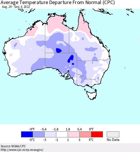 Australia Average Temperature Departure from Normal (CPC) Thematic Map For 8/29/2022 - 9/4/2022