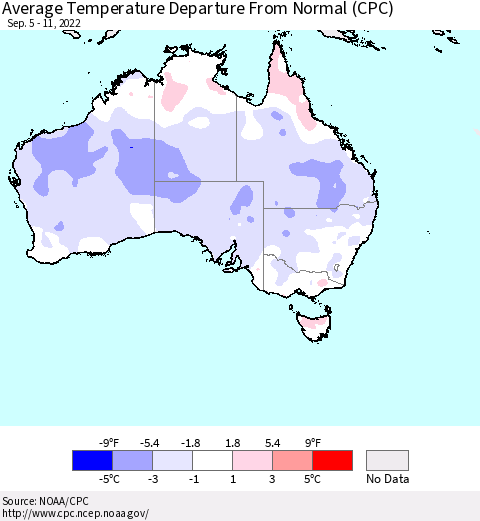 Australia Average Temperature Departure from Normal (CPC) Thematic Map For 9/5/2022 - 9/11/2022