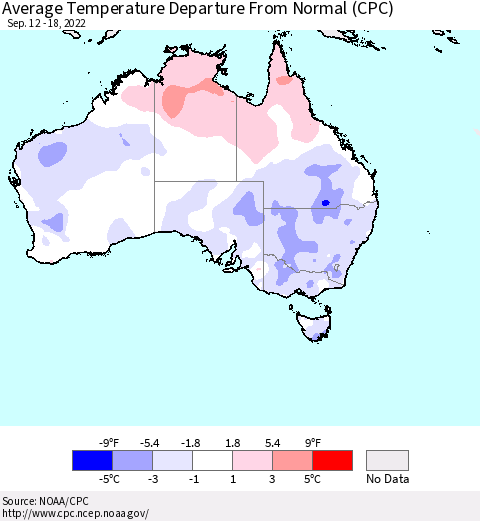 Australia Average Temperature Departure from Normal (CPC) Thematic Map For 9/12/2022 - 9/18/2022