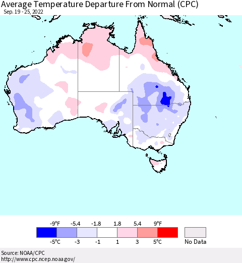 Australia Average Temperature Departure from Normal (CPC) Thematic Map For 9/19/2022 - 9/25/2022