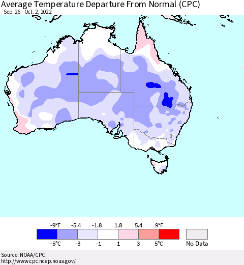Australia Average Temperature Departure from Normal (CPC) Thematic Map For 9/26/2022 - 10/2/2022