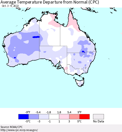 Australia Average Temperature Departure from Normal (CPC) Thematic Map For 10/3/2022 - 10/9/2022