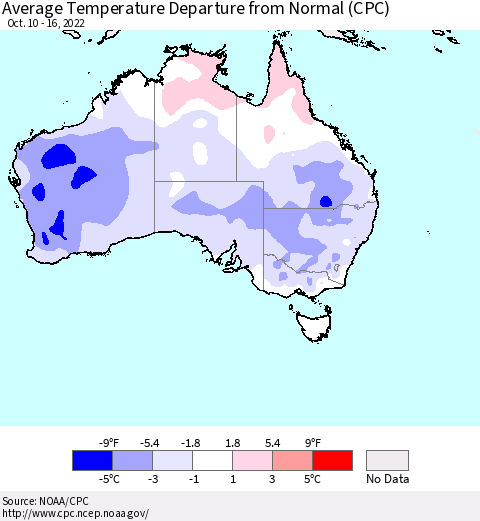 Australia Average Temperature Departure from Normal (CPC) Thematic Map For 10/10/2022 - 10/16/2022