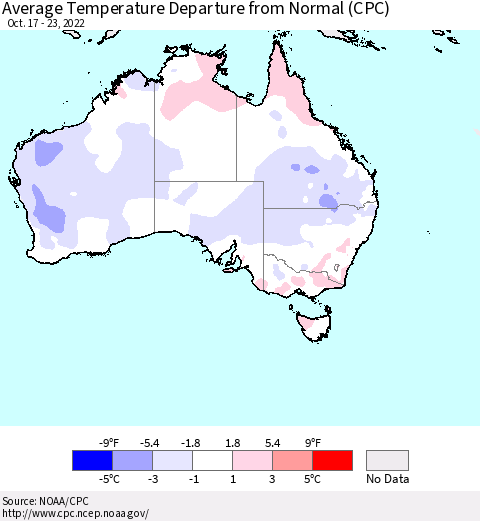 Australia Average Temperature Departure from Normal (CPC) Thematic Map For 10/17/2022 - 10/23/2022