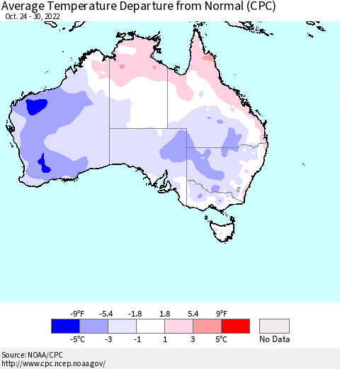 Australia Average Temperature Departure from Normal (CPC) Thematic Map For 10/24/2022 - 10/30/2022