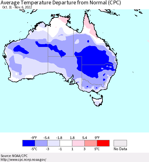 Australia Average Temperature Departure from Normal (CPC) Thematic Map For 10/31/2022 - 11/6/2022