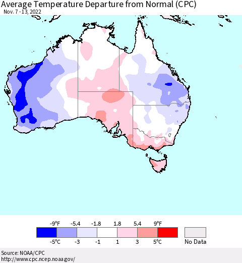 Australia Average Temperature Departure from Normal (CPC) Thematic Map For 11/7/2022 - 11/13/2022