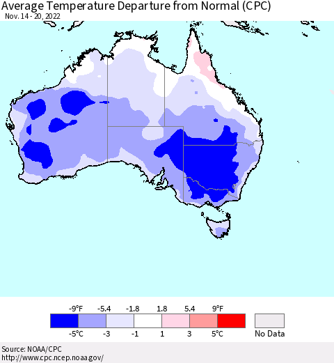 Australia Average Temperature Departure from Normal (CPC) Thematic Map For 11/14/2022 - 11/20/2022