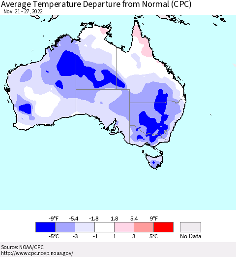 Australia Average Temperature Departure from Normal (CPC) Thematic Map For 11/21/2022 - 11/27/2022