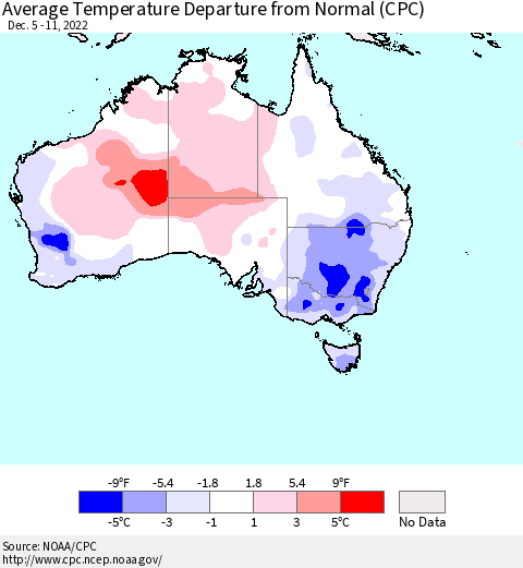 Australia Average Temperature Departure from Normal (CPC) Thematic Map For 12/5/2022 - 12/11/2022