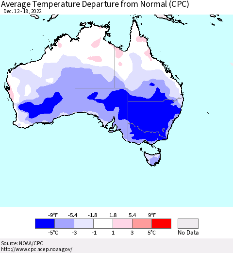 Australia Average Temperature Departure from Normal (CPC) Thematic Map For 12/12/2022 - 12/18/2022