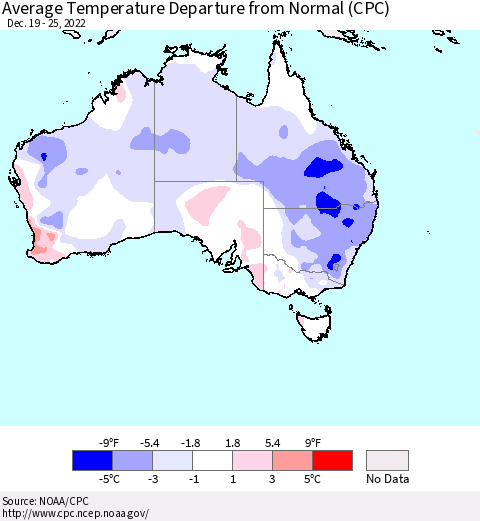 Australia Average Temperature Departure from Normal (CPC) Thematic Map For 12/19/2022 - 12/25/2022
