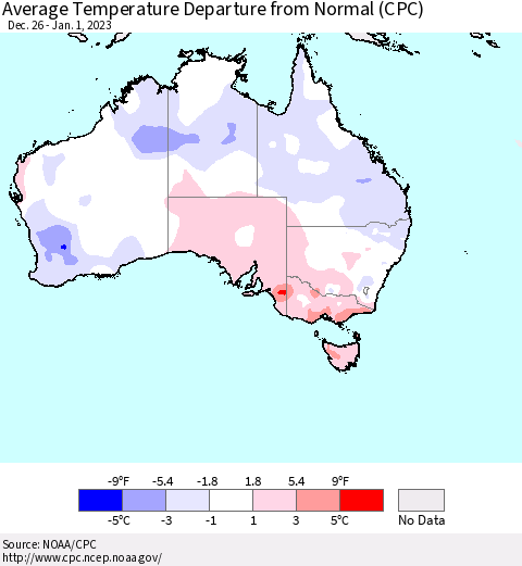 Australia Average Temperature Departure from Normal (CPC) Thematic Map For 12/26/2022 - 1/1/2023