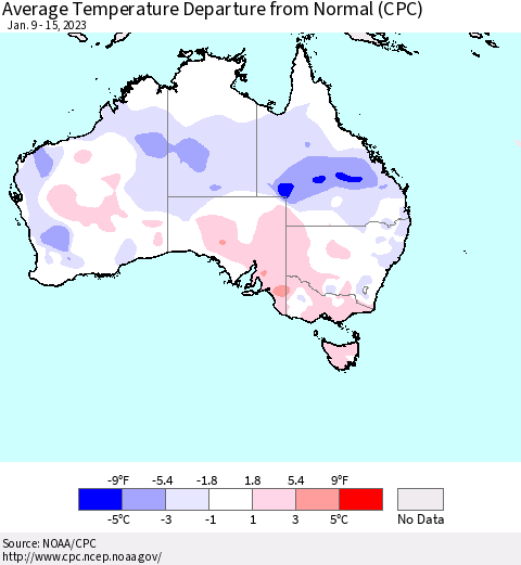 Australia Average Temperature Departure from Normal (CPC) Thematic Map For 1/9/2023 - 1/15/2023