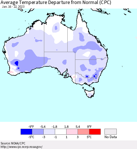 Australia Average Temperature Departure from Normal (CPC) Thematic Map For 1/16/2023 - 1/22/2023
