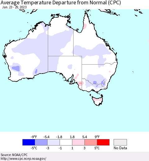 Australia Average Temperature Departure from Normal (CPC) Thematic Map For 1/23/2023 - 1/29/2023