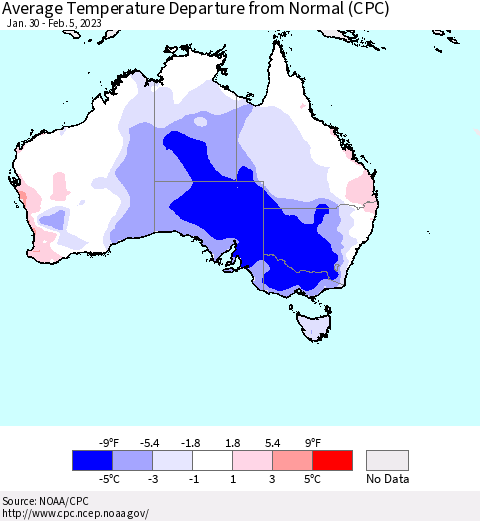 Australia Average Temperature Departure from Normal (CPC) Thematic Map For 1/30/2023 - 2/5/2023