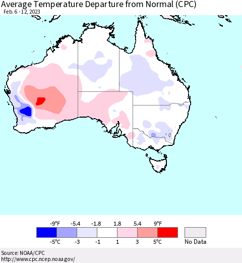 Australia Average Temperature Departure from Normal (CPC) Thematic Map For 2/6/2023 - 2/12/2023
