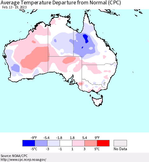 Australia Average Temperature Departure from Normal (CPC) Thematic Map For 2/13/2023 - 2/19/2023