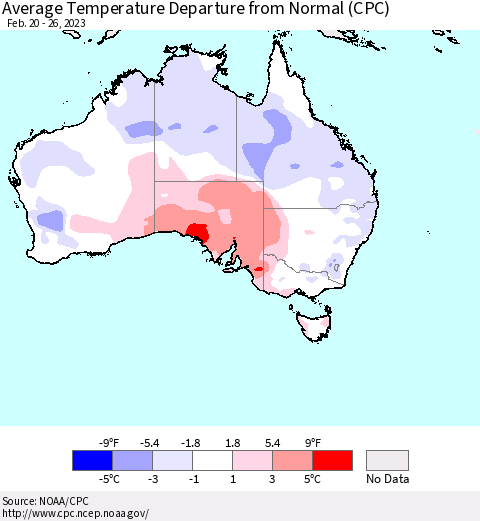 Australia Average Temperature Departure from Normal (CPC) Thematic Map For 2/20/2023 - 2/26/2023