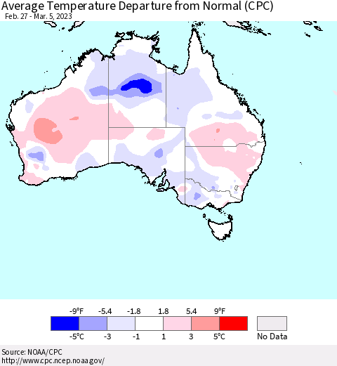 Australia Average Temperature Departure from Normal (CPC) Thematic Map For 2/27/2023 - 3/5/2023