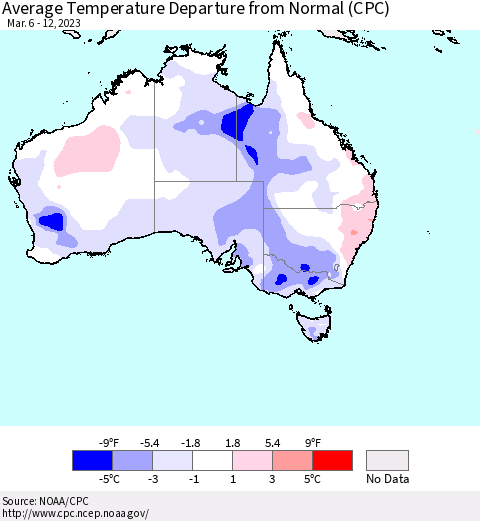 Australia Average Temperature Departure from Normal (CPC) Thematic Map For 3/6/2023 - 3/12/2023