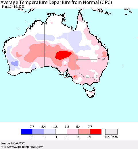 Australia Average Temperature Departure from Normal (CPC) Thematic Map For 3/13/2023 - 3/19/2023