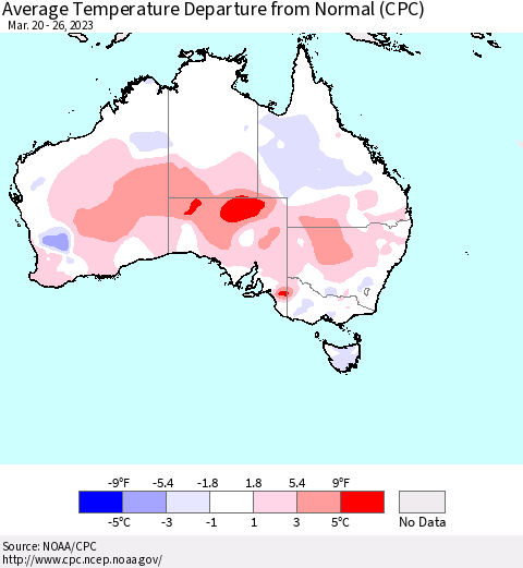 Australia Average Temperature Departure from Normal (CPC) Thematic Map For 3/20/2023 - 3/26/2023