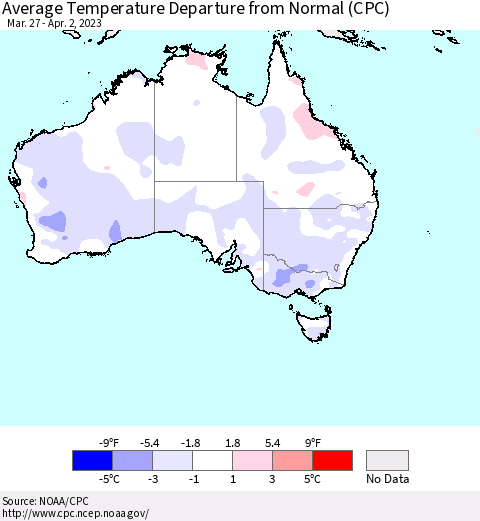 Australia Average Temperature Departure from Normal (CPC) Thematic Map For 3/27/2023 - 4/2/2023