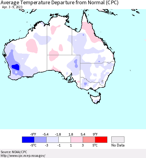 Australia Average Temperature Departure from Normal (CPC) Thematic Map For 4/3/2023 - 4/9/2023