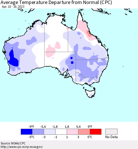 Australia Average Temperature Departure from Normal (CPC) Thematic Map For 4/10/2023 - 4/16/2023