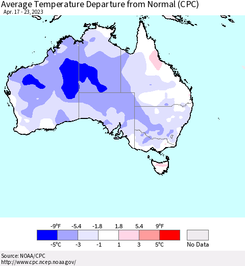 Australia Average Temperature Departure from Normal (CPC) Thematic Map For 4/17/2023 - 4/23/2023